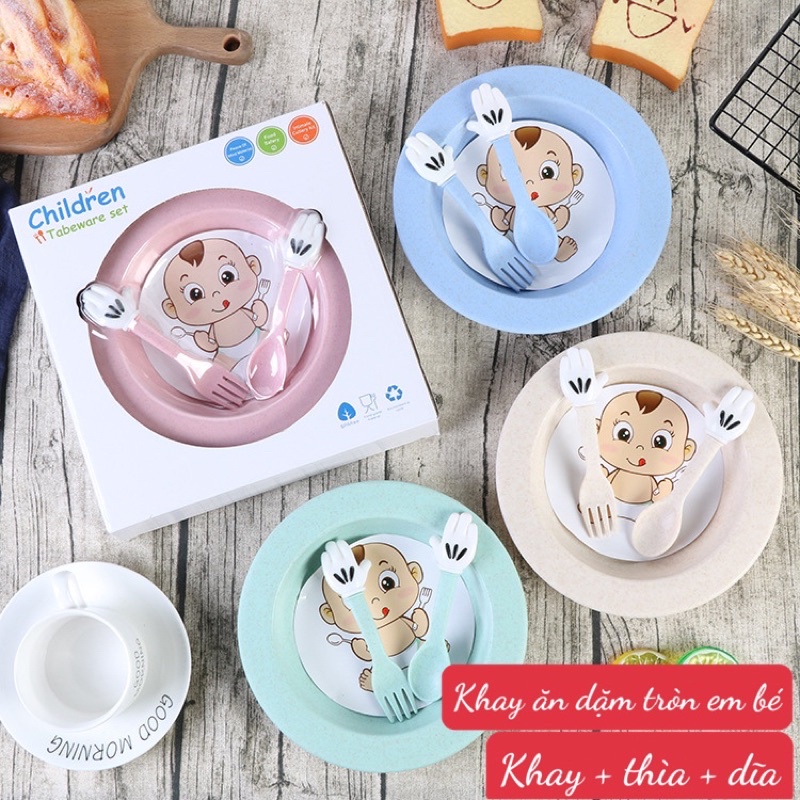 Combo Khay ăn dặm lúa mạch cao cấp hình tròn dễ thương cho bé ập ăn dặm kèm set thìa dĩa-Hàng loại 1 kèm hộp