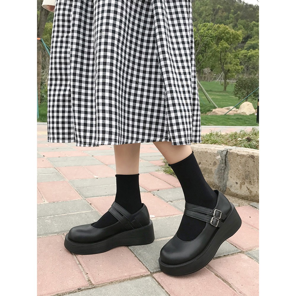 Giày Mary Janes mũi tròn phong cách retro đế xuồng mã K018