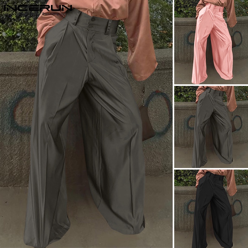 Quần dài INCERUN ống rộng lưng cao màu trơn 3 màu sắc tùy chọn thời trang dành cho nam