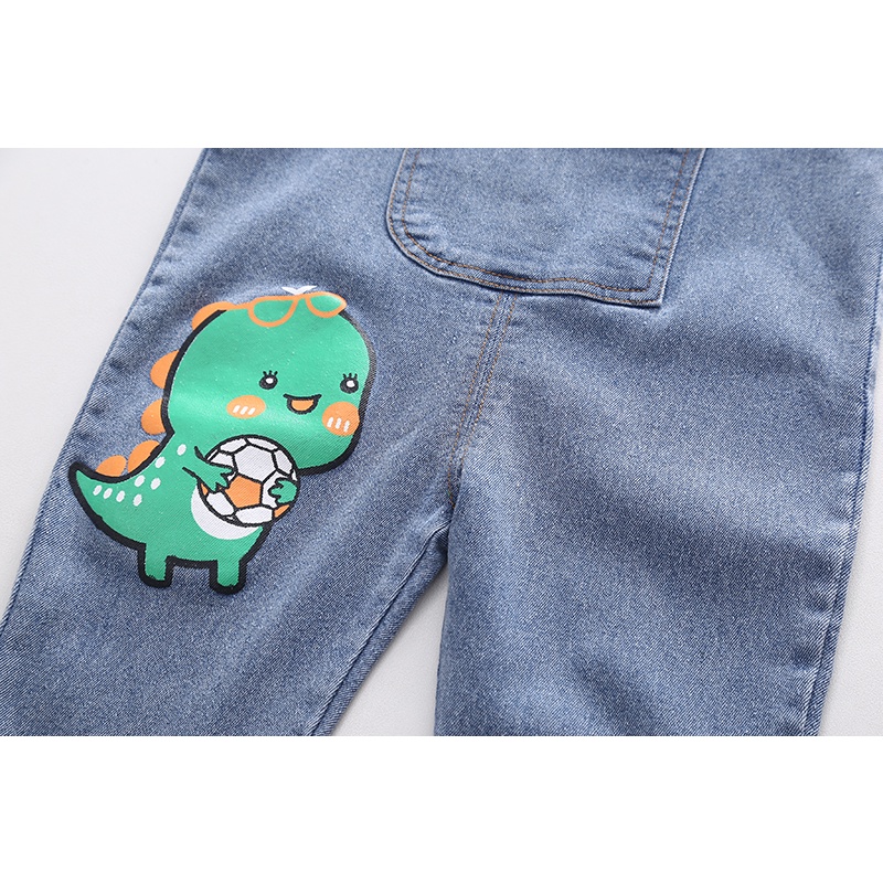 Set Áo Thun polo Tay Dài + Quần Yếm Denim Họa Tiết Khủng Long Hoạt Hình Cho Bé Trai / Gái 80-120cm