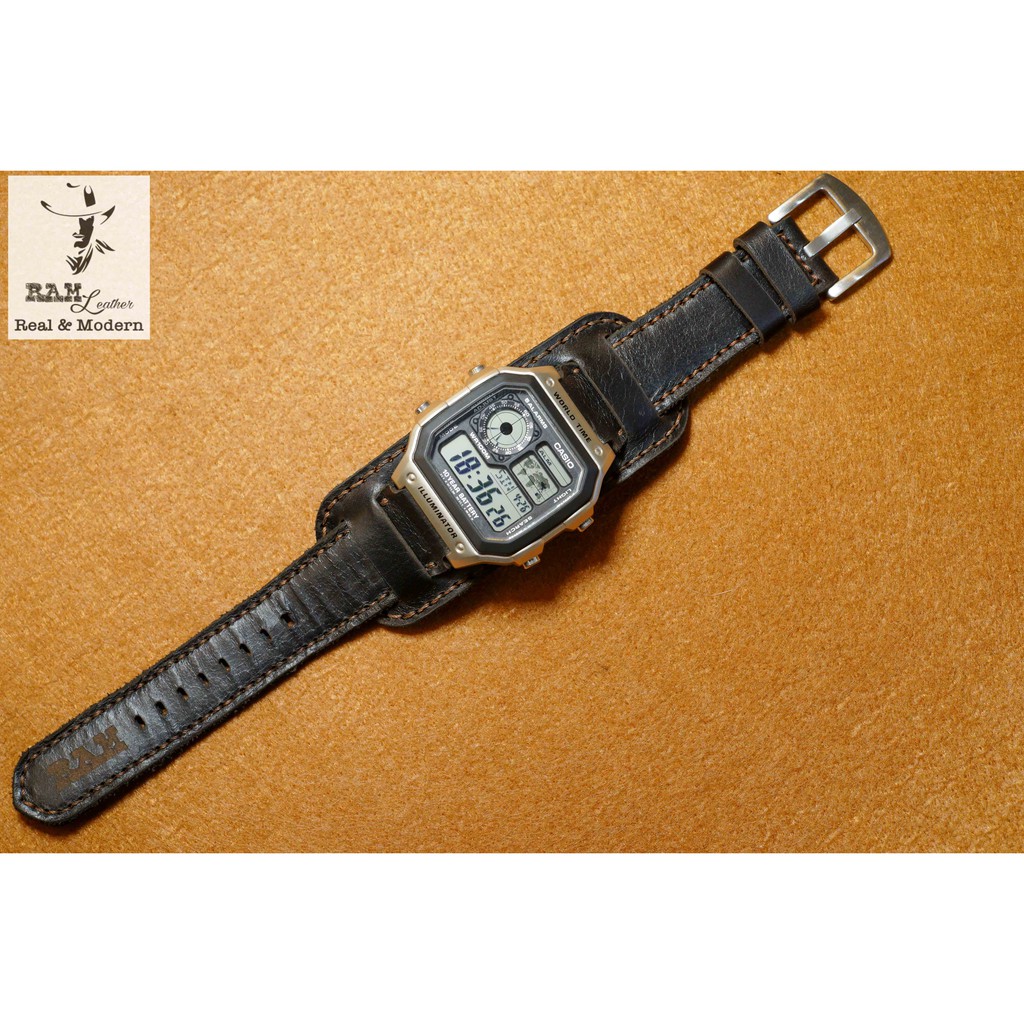 Dây đồng hồ RAM Leather B2 cho CASIO 1200, AE 1200, 1300, 1100, A159 , A168 , Size 18 da bò đen kiểu quân đội