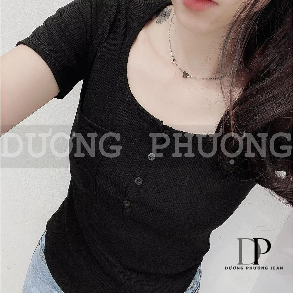 Áo thun nữ cổ vuông tay ngắn, áo thun gân túi trước dáng body màu trơn - AO025