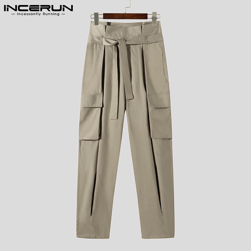 Quần baggy dài INCERUN lưng cao thiết kế nhiều túi có thắt lưng phong cách retro cho nam