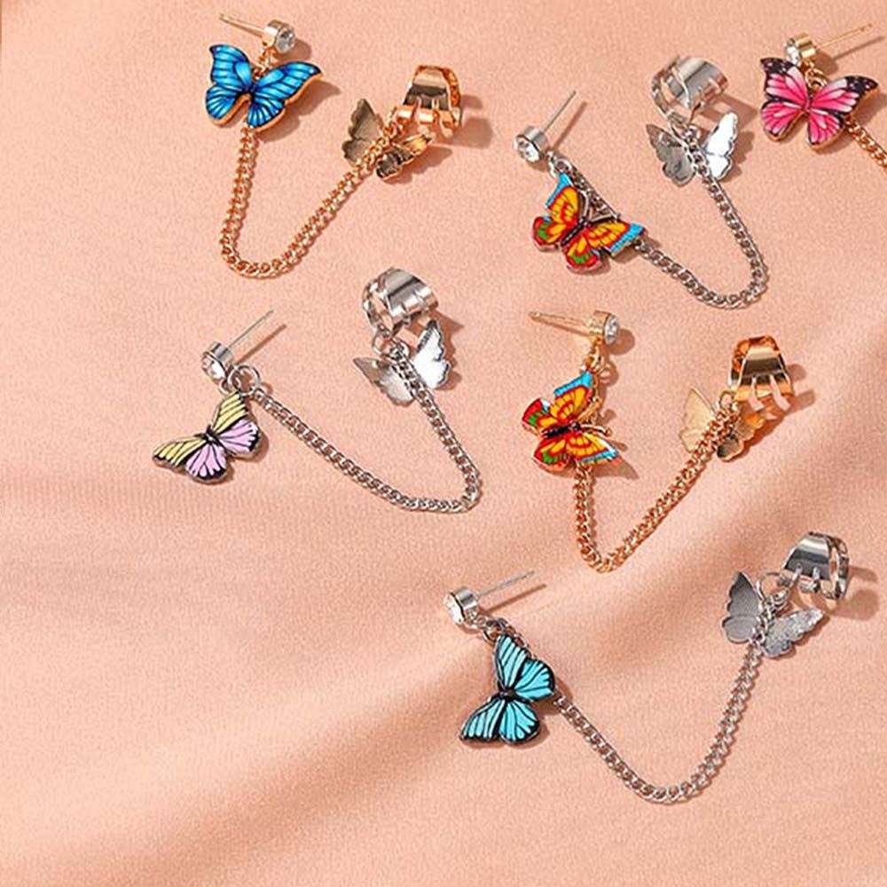 Bông tai dáng dài hình bướm bằng hợp kim đính đá nhiều màu sang trọng phong cách Hàn Quốc cho nữ