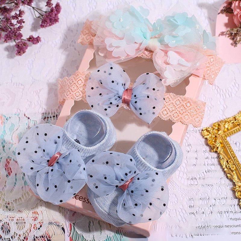 Set 3 Đôi Vớ Công Chúa Và Băng Đô Ren Chống Trượt Cho Bé Gái