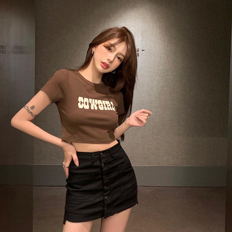 Áo thun IELGY tay ngắn lưng cao dáng ôm thời trang retro cho nữ