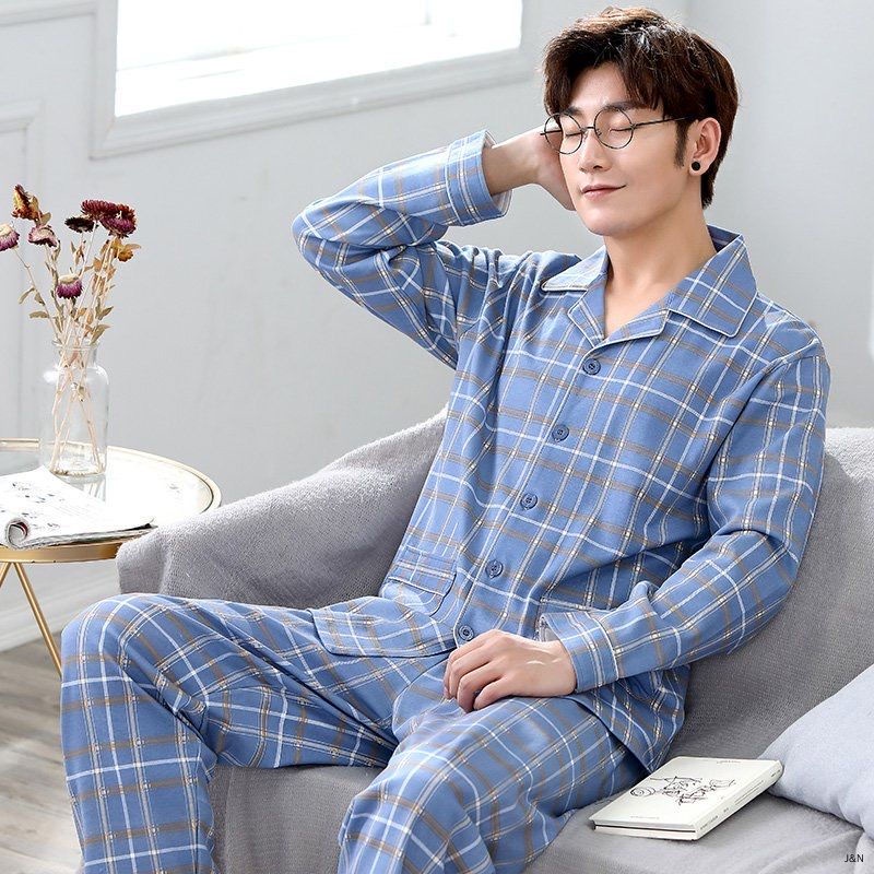 Bộ đồ ngủ pijama cotton tay dài thời trang xuân thu cho đàn ông trung niên