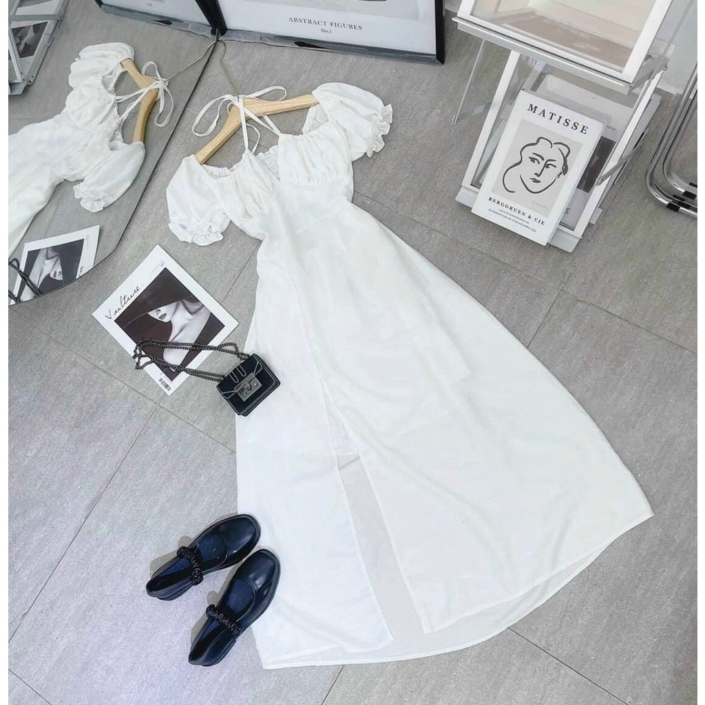 Đầm váy nữ trễ vai cổ giả yếm xếp ly ngực ôm eo xẻ tà hở lưng chất liệu lụa thời trang nữ năng động trẻ trung