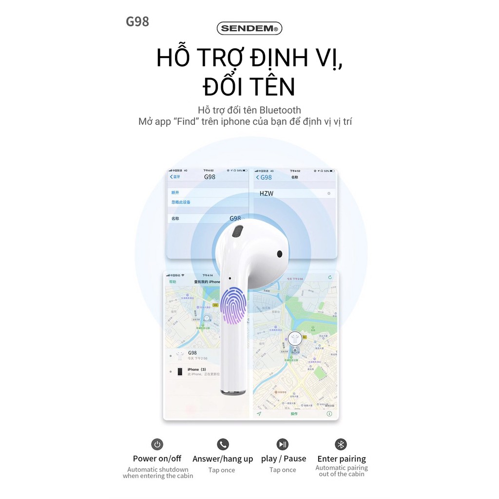 Tai nghe TWS G98, định vị đổi tên - Hàng chính hãng