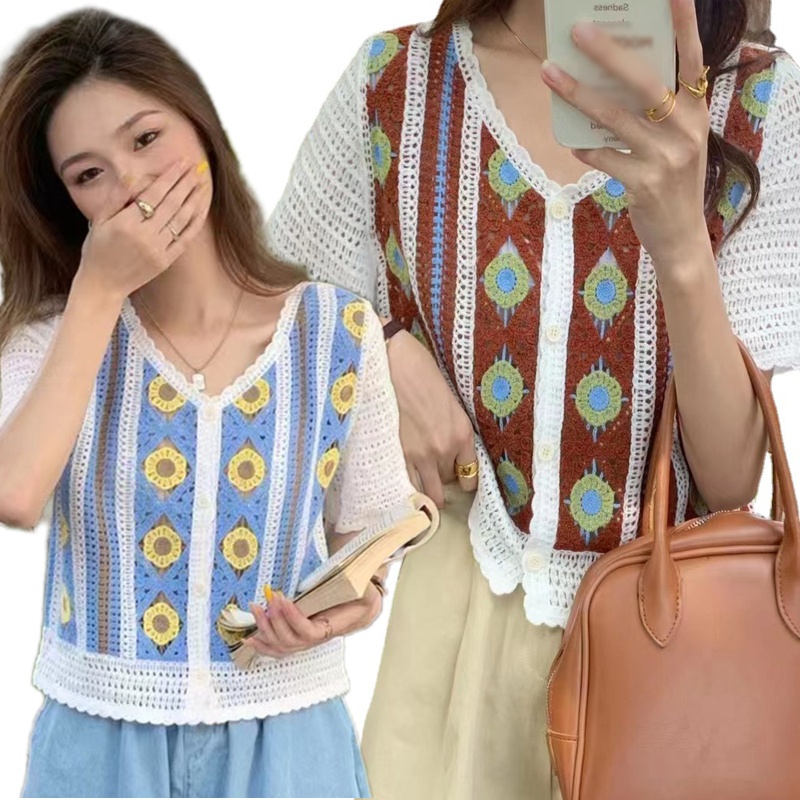 Áo Khoác Cardigan Dệt Kim Tay Ngắn Cổ Chữ V Cài Nút Họa Tiết Kẻ Ô Khoét Lỗ Phong Cách Pháp Cho Nữ