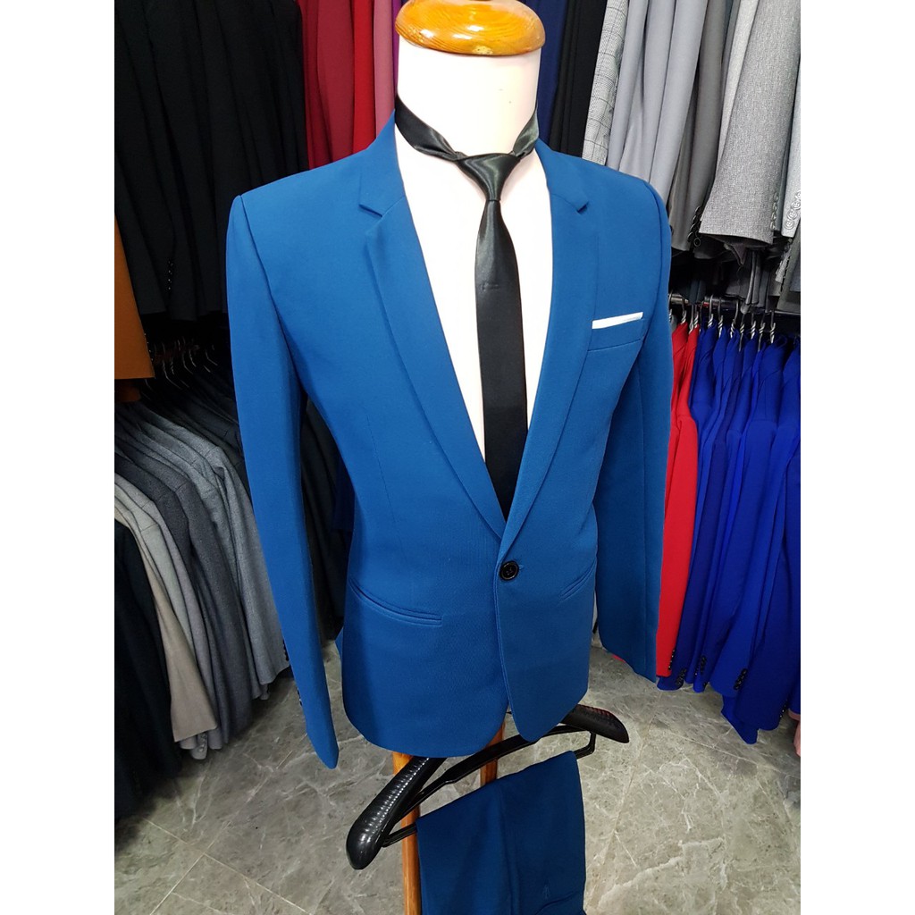 Bộ vest nam 1 nút form ôm màu xanh cổ vịt + cà vạt nơ đen