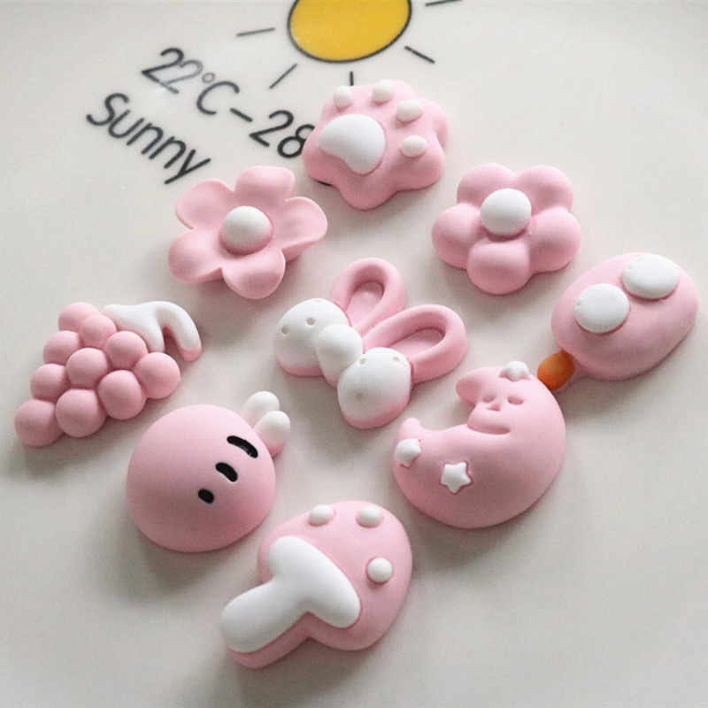 Set 10 Phụ Kiện Trang Trí Ốp Điện Thoại Hình Tai Thỏ / Nấm / Mặt Trăng Màu Hồng / Trắng Dễ Thương DIY