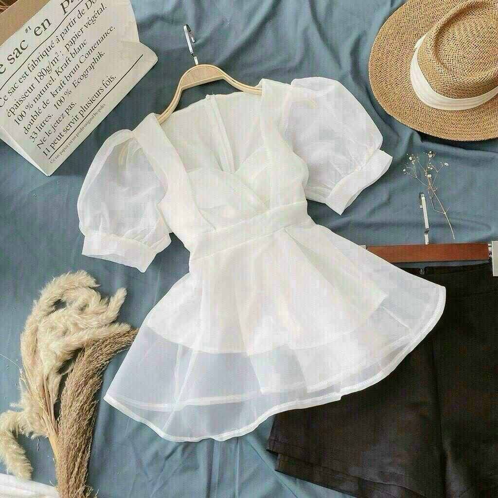 áo croptop cao cấp , set đồ nữ áo kiểu voan tơ đắp chéo tay bồng có lót và quần short for mềm mại TH14 thời trang HATY