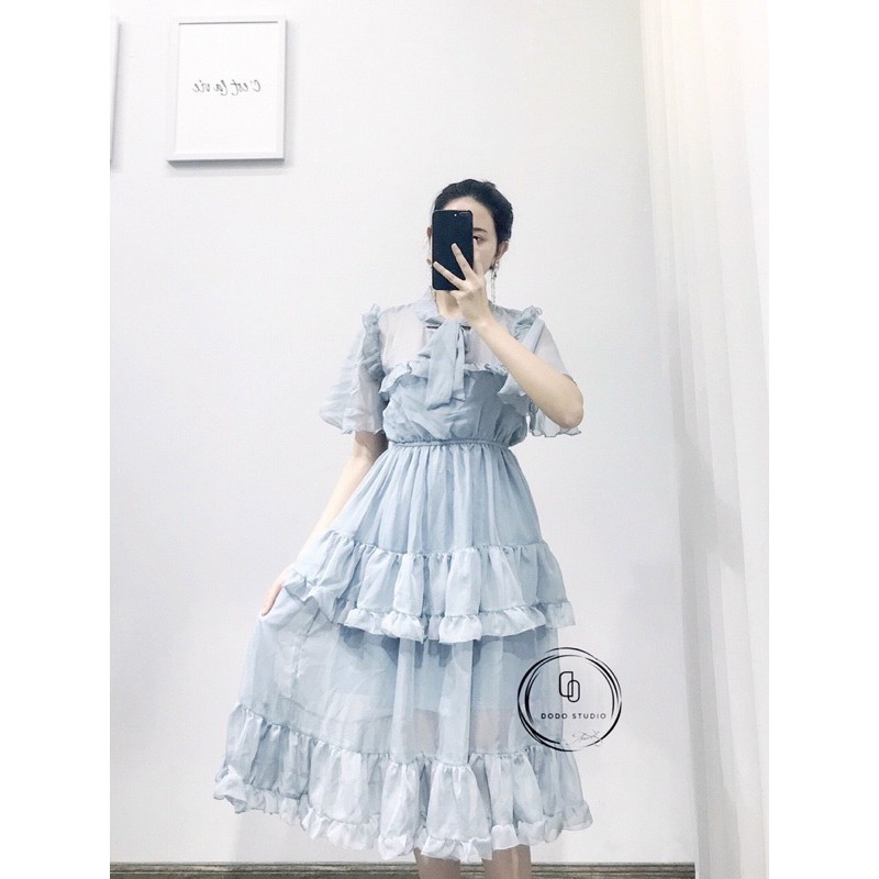 Váy tơ tầng cổ buộc nơ
