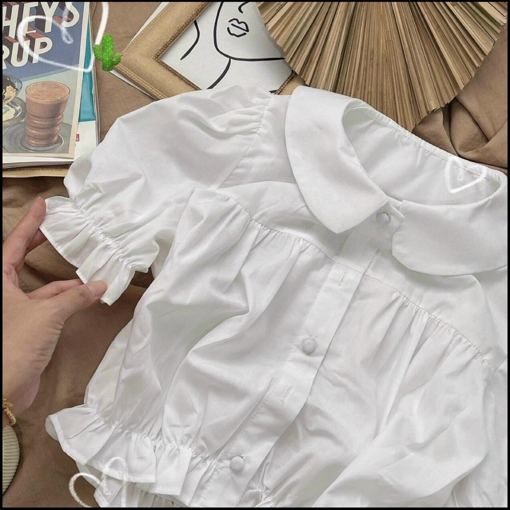 Áo SƠ MI Nữ NGẮN TAY CỔ BÈO GenY Áo Kiểu Nữ Nhún Thân Chất Kate Mềm Mịn