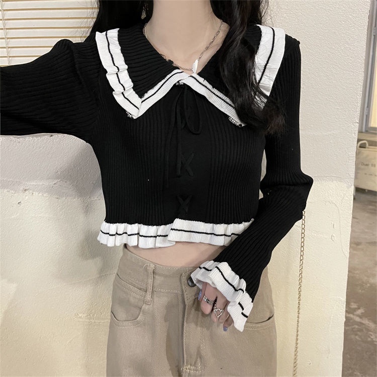 Áo sweater Dệt Kim Mỏng Tay Dài Cổ Búp Bê Xinh Xắn Cho Nữ edge