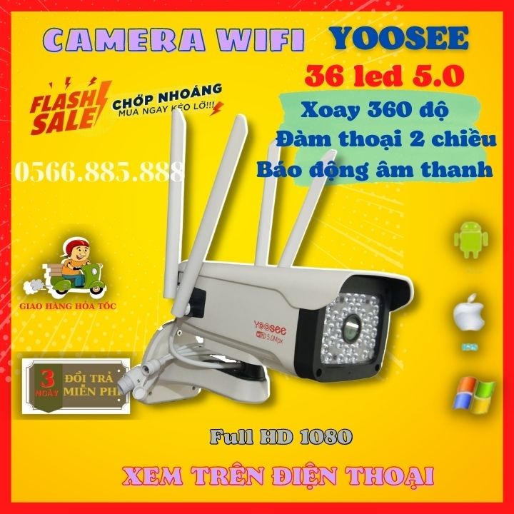 Camera yoosee ngoài trời 4 râu 5.0Mpx quay quét 360 độ siêu nét, 20/36 led chịu nắng mưa, có màu ban đêm