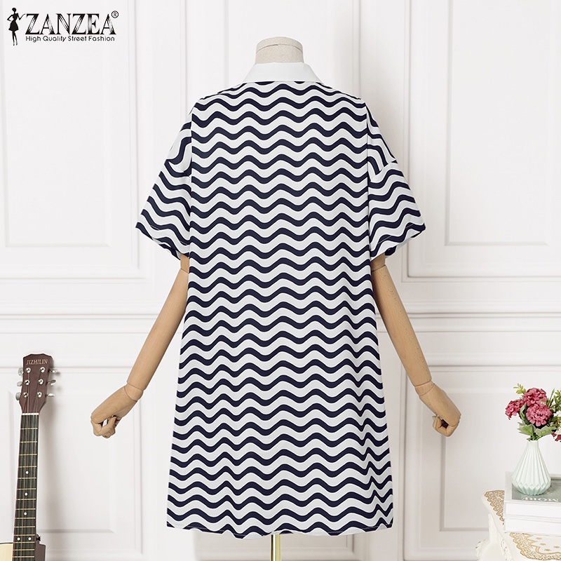 Đầm ZANZEA ngắn tay họa tiết lượn sóng thời trang cho nữ