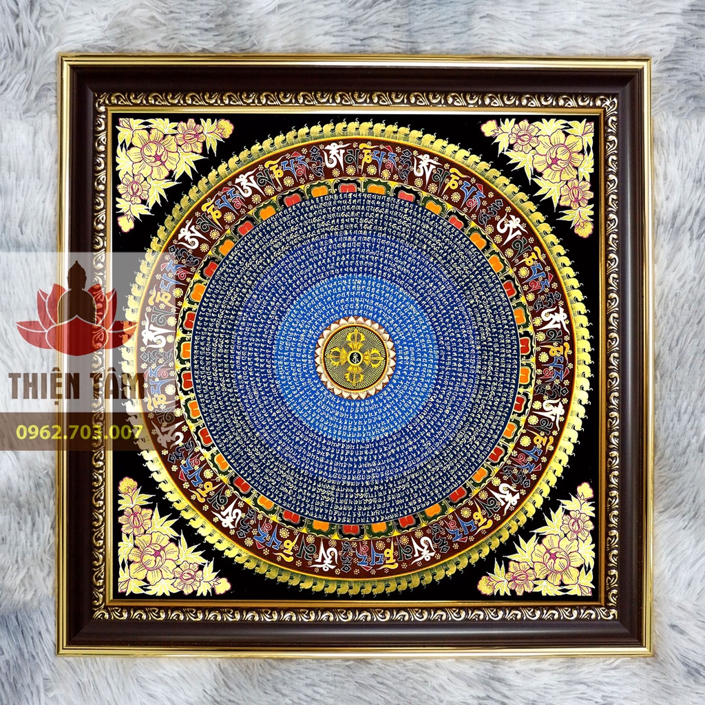 Tranh Chú Lăng Nghiêm Mandala 36x36cm bằng vải phủ bóng, khung composite xịn xò