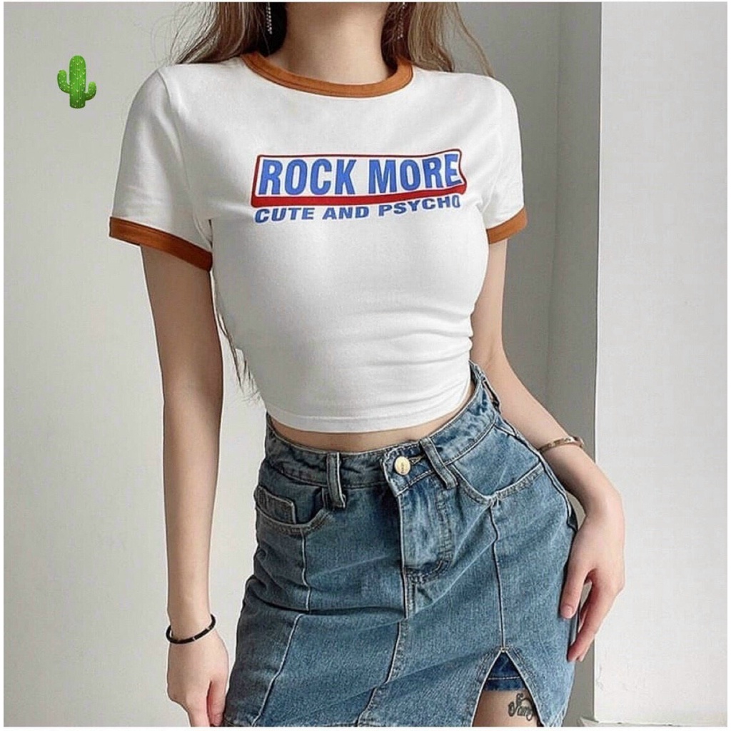 Áo croptop màu trắng viền đỏ in chữ cực xinh , chất thun bozip mềm mịn