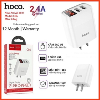 ☘Củ Sạc Nhanh Hoco C86. 2 Cổng USB Với Đèn LED Hiển Thị Điện Áp, 5V-2.4A max 12W (Chất Lượng Hàng Đầu)