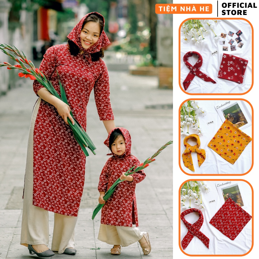 Set 2 Khăn Bandana Cho Mẹ và Bé Tiệm Nhà He Quàng Cổ Đội Đầu Nữ Hình Vuông Phong Cách Vintage Size 70x70 và 50x50 cm