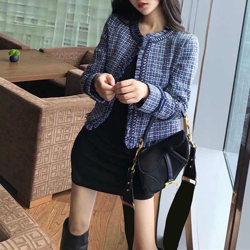 Áo Dạ vải tweet dáng cộc kẻ xanh