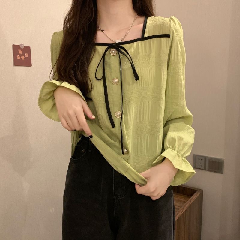 Áo kiểu BH tay dài nhún bèo mẫu 2021 thời trang mùa thu phong cách Hàn Quốc mới dành cho nữ