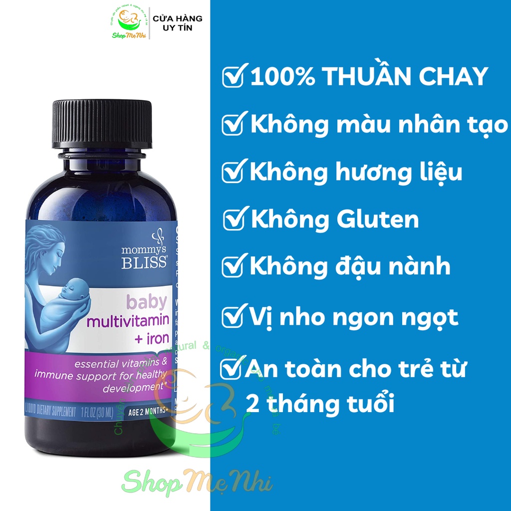 Vitamin tổng hợp chứa sắt hữu cơ Mommy's Bliss Baby Multivitamin + Iron Organic Drop cho bé từ 2 tháng tuổi.