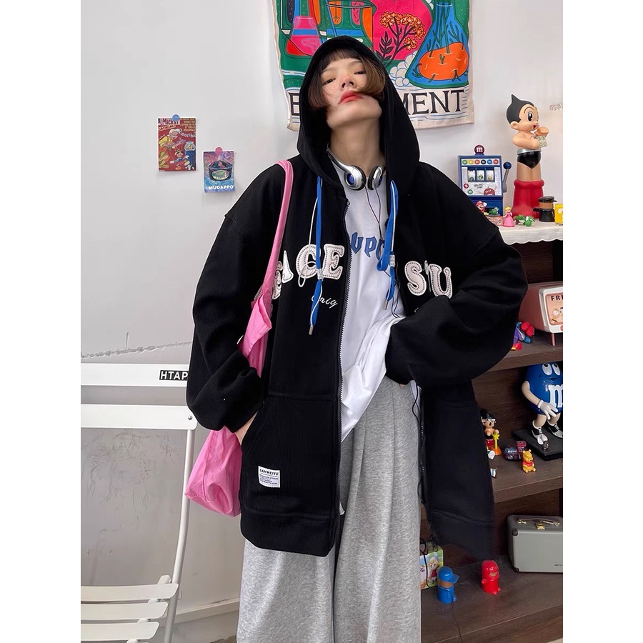 Áo khoác nỉ ACE chất nỉ ngoại, mũ 2 lớp, nỉ dầy mịn không xù, from rộng unisex nam nữ mặc được dưới 70kg
