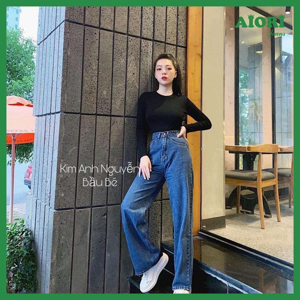 Quần Jeans Nữ, Quần Bò Nữ Aiori Ống Rộng Cạp Cao Trơn Kiểu Bò Suông Phong Cách Thời Trang Hàn Quốc Ulzzang_Mã 004