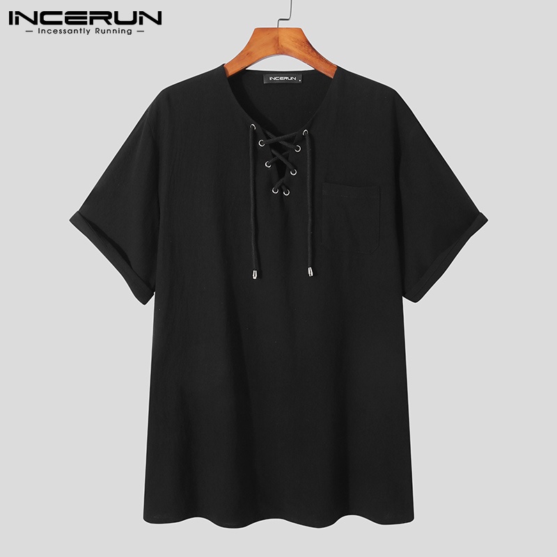 Áo thun INCERUN thiết kế tay ngắn thắt dây trơn màu vải cotton cơ bản mùa hè dành cho nam