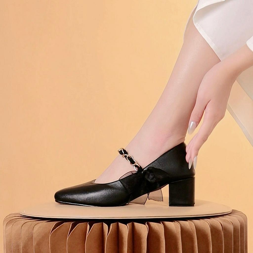 Giày cao gót MWC 4392 - Cao Gót Đế Vuông 5P Phối Xích Đính Nơ Tiểu Thư Xinh Xắn