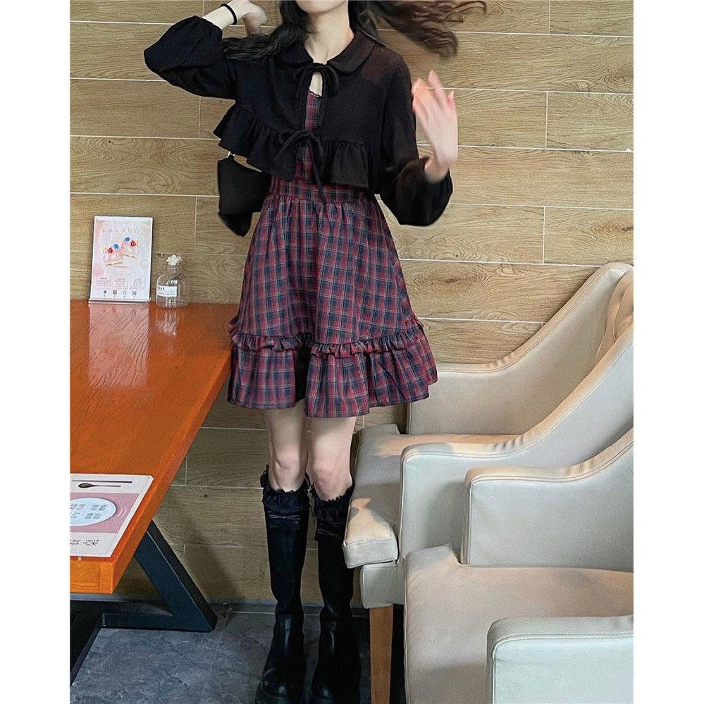 Set áo khoác cardigan dệt kim mỏng chống nắng + đầm caro thời trang xinh xắn cho nữ