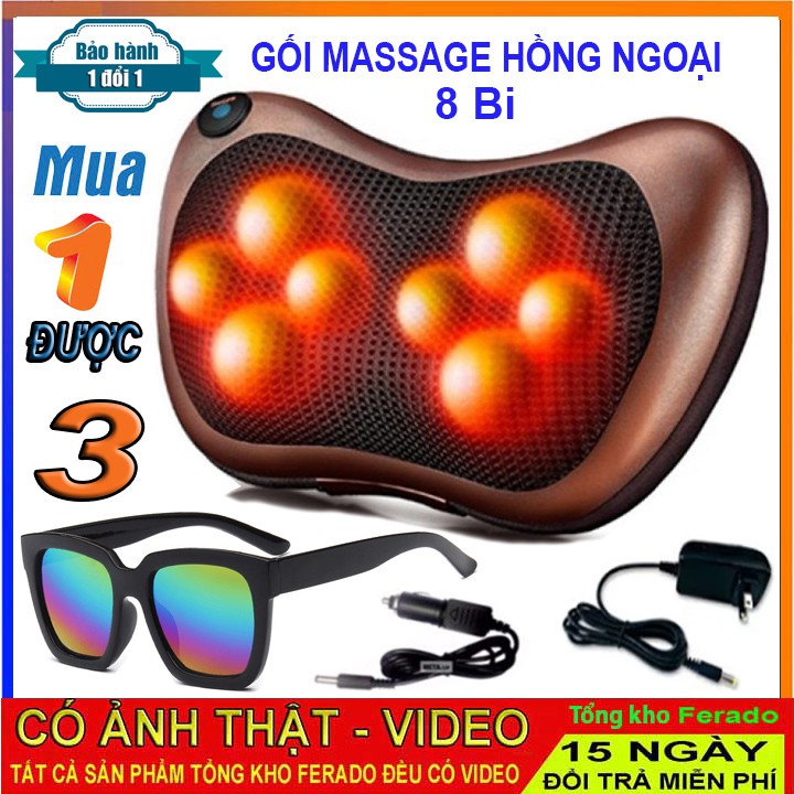 Gối massa hồng ngoạị 8 bi massage xoay chiều Lưu thông khí huyết Tặng kính mắt hàn quốc