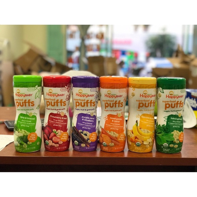 Bánh ăn dặm hữu cơ Happy Baby Pufs cho bé 8+ lọ 60g USA
