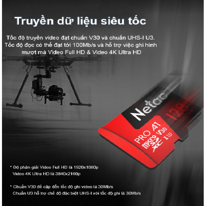 Thẻ nhớ MicroSD NETAC 128GB tốc độ class 10 dành cho camera và điện thoại