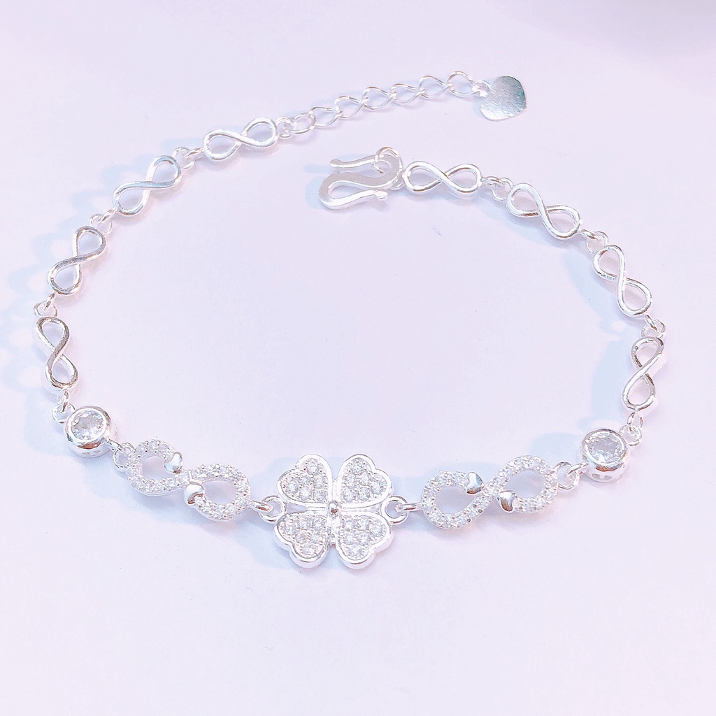 Lắc tay nữ bạc chuẩn Bibi silver, lắc tay cỏ 4 lá nạm đá nhỏ siêu hót