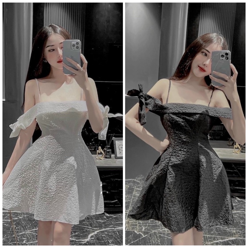 Đầm xoè dự tiệc trễ vai chất xốp siêu sang chảnh