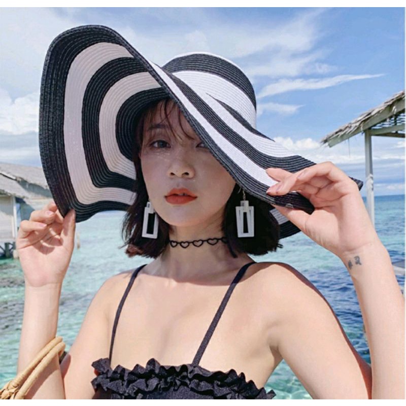 Mũ đi biển gấp gọn sọc trắng đen thời trang nón rộng vành cho nữ Lh0917399527