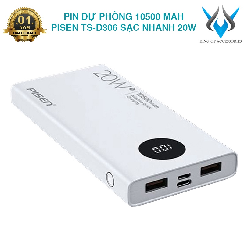 Sạc dự phòng Pisen TS-D306 dung lượng 10500mAh có LCD - hỗ trợ QC 3.0 và PD 20W (Trắng) Phụ kiện 1986