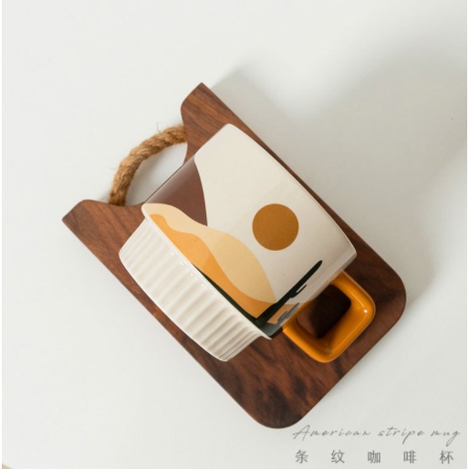 Cốc ly sứ OASIS phong cách Bắc Âu dung tích 320ml họa tiết xinh xắn viền quai xanh dùng để pha cà phê, pha trà - Ráp