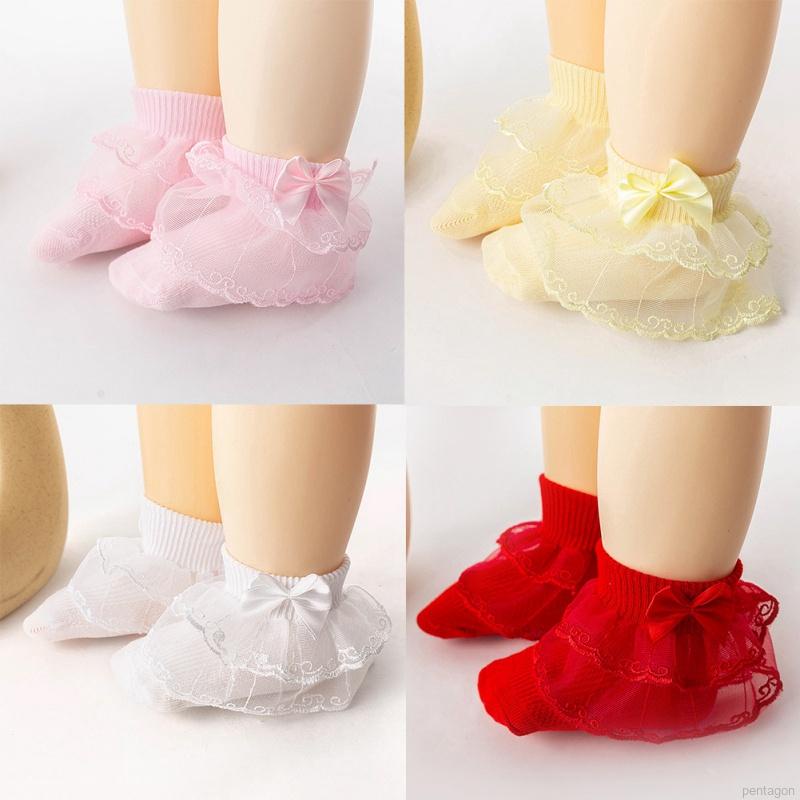 Tất cotton phối ren hoa đính nơ cho bé gái sơ sinh từ 0-1 tuổi