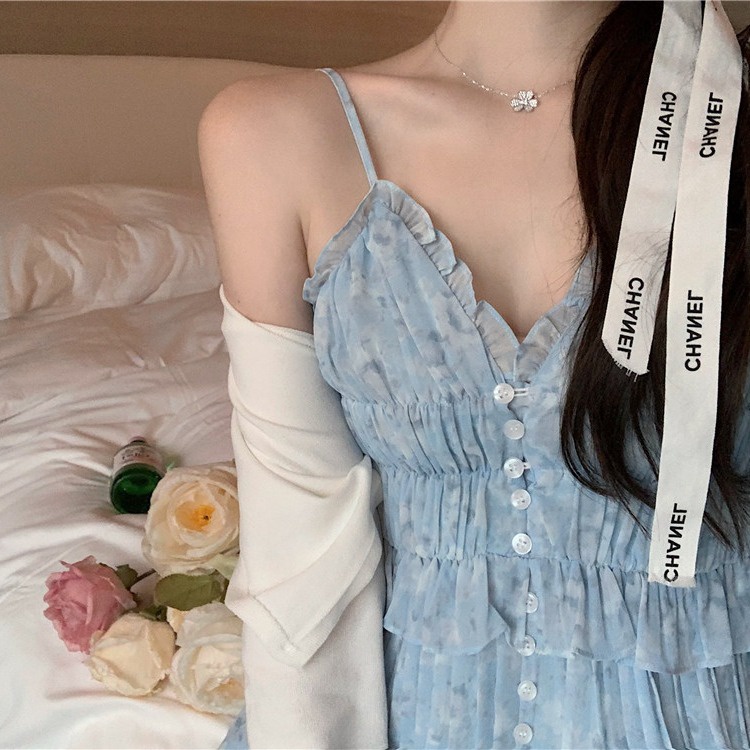 Set đầm hoa hai dây xếp ly + áo khoác cardigan Perty phong cách Hàn Quốc thời trang cao cấp cho nữ