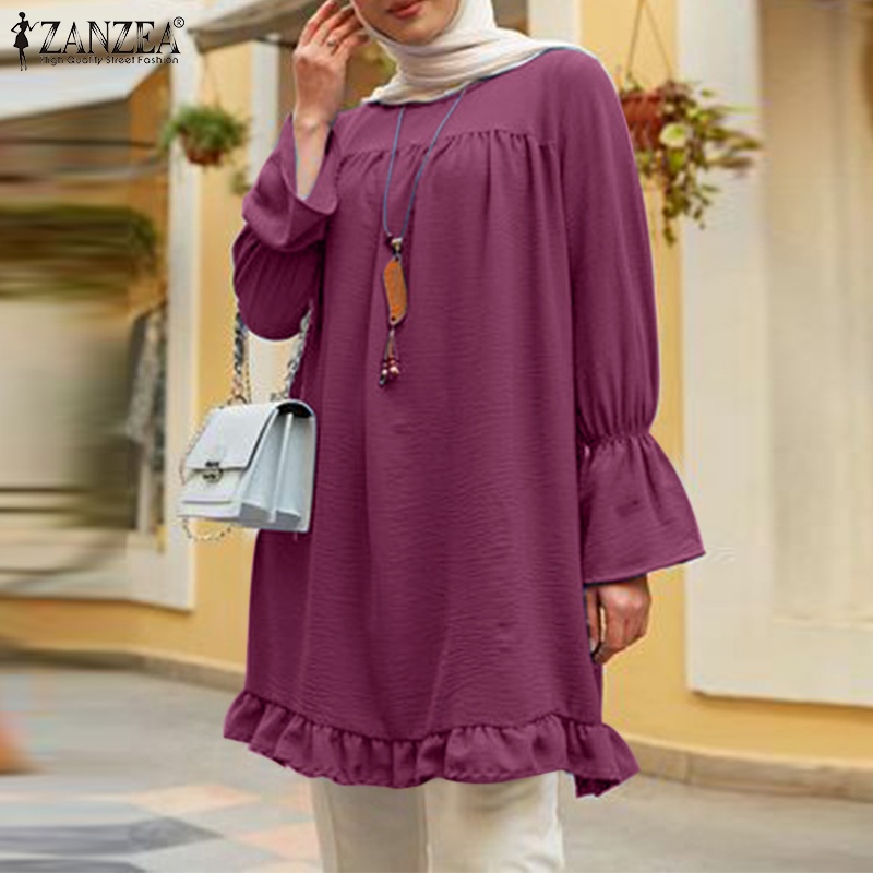 Zanzea Áo Kiểu Babydoll Tay Phồng Màu Trơn Thời Trang Cho Phụ Nữ Hồi Giáo