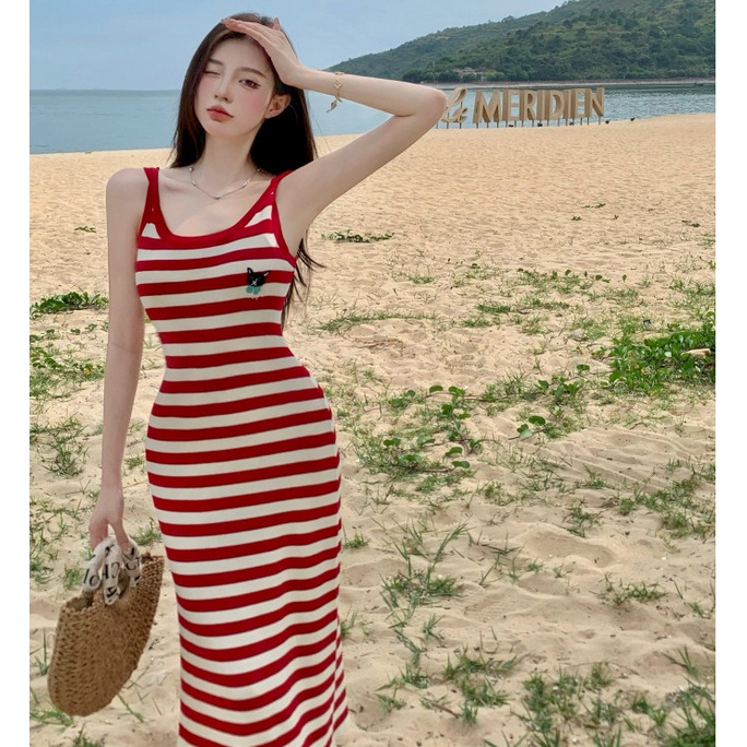 Đầm Thun Ngắn Tay Xẻ Tà Kẻ Sọc Đỏ Gợi Cảm Thời Trang Mùa Hè Cho Nữ