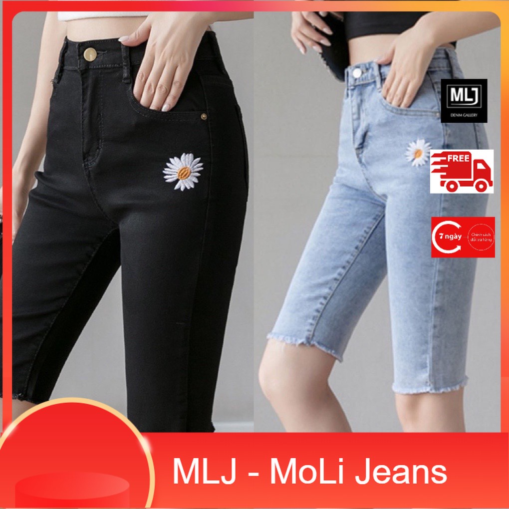Quần jean ngố nữ Big Size lưng cao, co dãn mạnh, in hình hoa cúc đang hot 3225