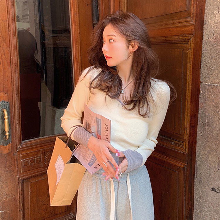 Áo ZHELIHANGFEI dệt kim giả hai mảnh tay dài eo cao đa năng quyến rũ