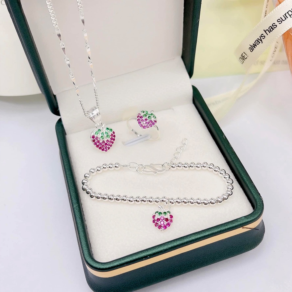 Lắc bạc cho bé đeo tay PANSY dạng chuỗi bi gắn hình quả dâu tây dễ thương - Vòng tay bạc đẹp cho bé gái