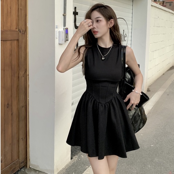 Đầm Đen Sát Nách Cổ Tròn Thời Trang Hàn Quốc Cao Cấp